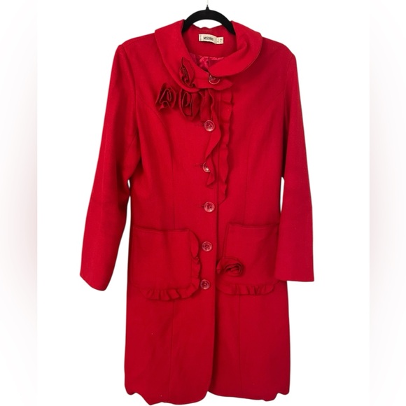 Vintage Moschino Red Wool Coat With Roses Rare Y2K